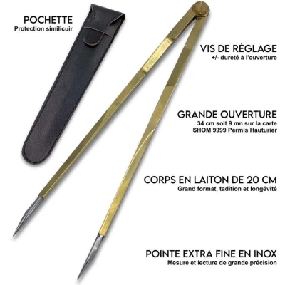 Compas Pointe Sèche Droit 20 cm en laiton, optimisé pour le permis hauturier - FlashTide