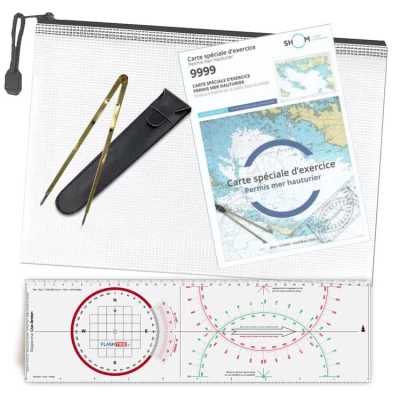 Pack permis plaisance hauturier Performance - R�gle Cras/Rapporteur Breton + Compas Laiton + Carte SHOM 9999 + Pochette de Rangement - Kit Officiel pour Candidat au Permis Mer Hauturier - FlashTide
