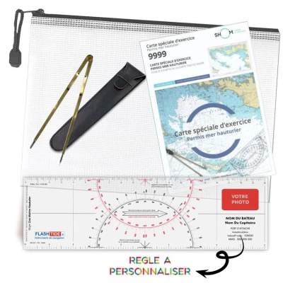 Pack officiel permis plaisance hauturier - R�gle Cras bicolore + Compas Laiton + Carte SHOM 9999 + Pochette de Rangement - FlashTide